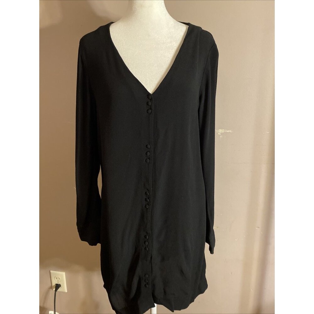 Madewell Sz S Black Semi-Sheer Shirt Dress VNeck Covered Buttons Knee Length Wms